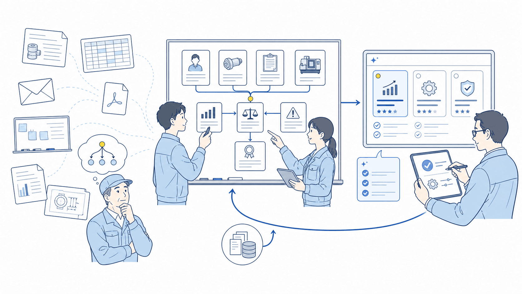 紙やExcelなどに分散した製造業の情報を整理し、AIが過去実績や判断事例から候補を示し、人が評価した結果を会社の知識へ戻しているイラスト