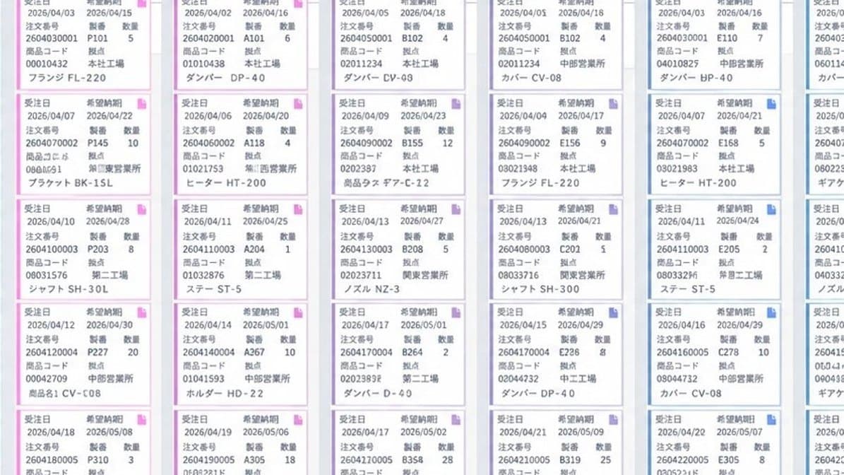 製造業の生産管理システムのカンバン画面。工程ごとに受注カードが並ぶ