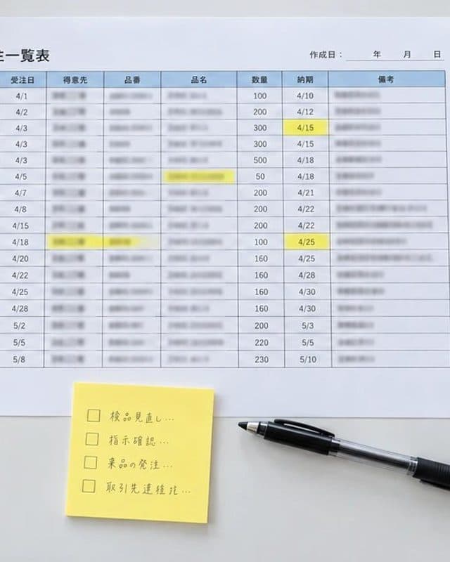 印刷した受注一覧表と付箋