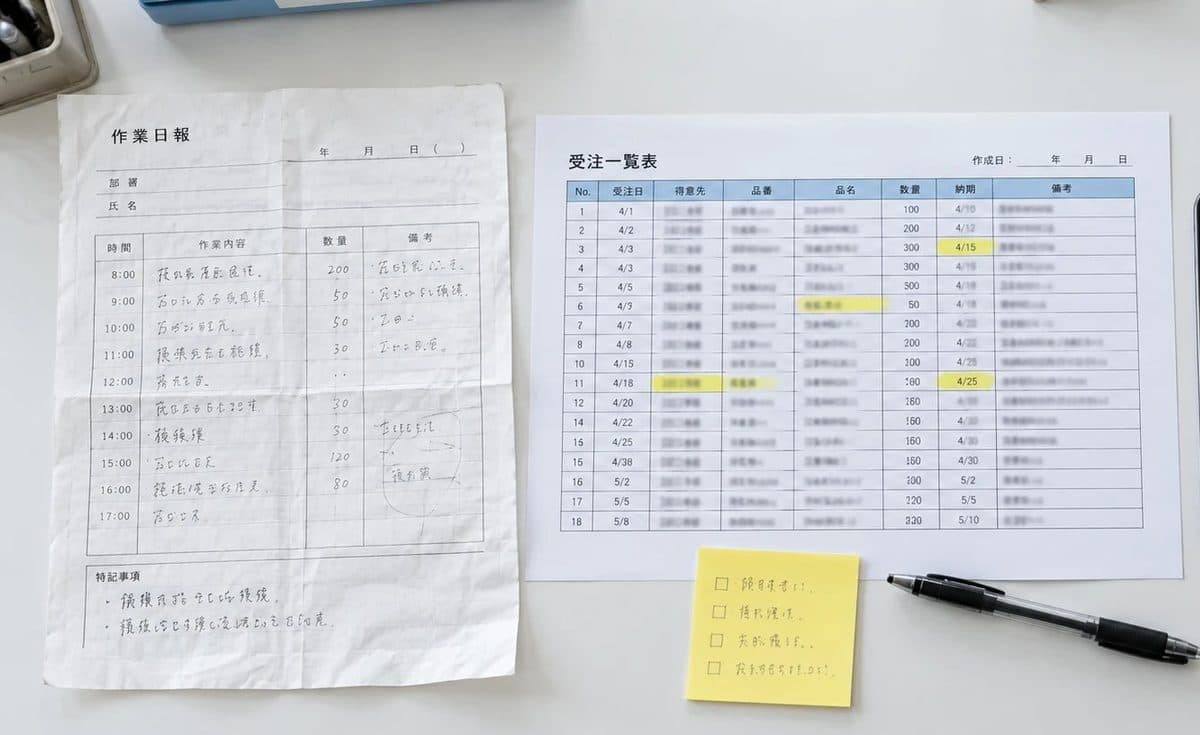 机の上の作業日報と受注一覧表