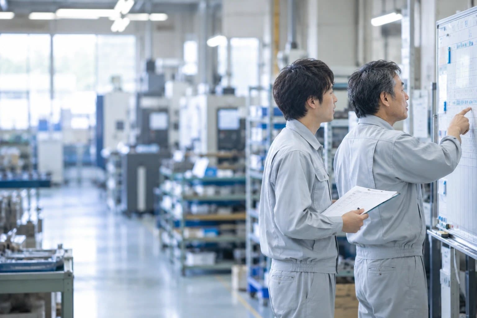 工場内のホワイトボードの前で、担当者が紙を持ち、製造部長が予定表を指さして答えている