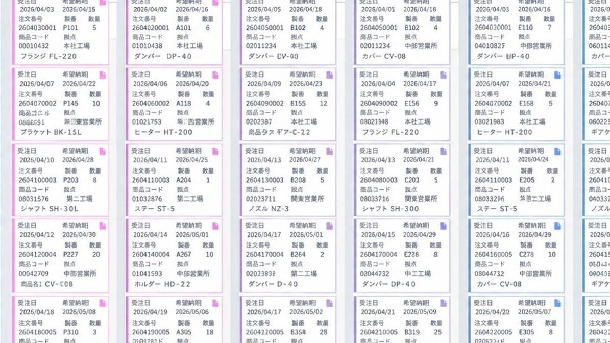 製造業の生産管理システムのカンバン画面。工程ごとに受注カードが並ぶ